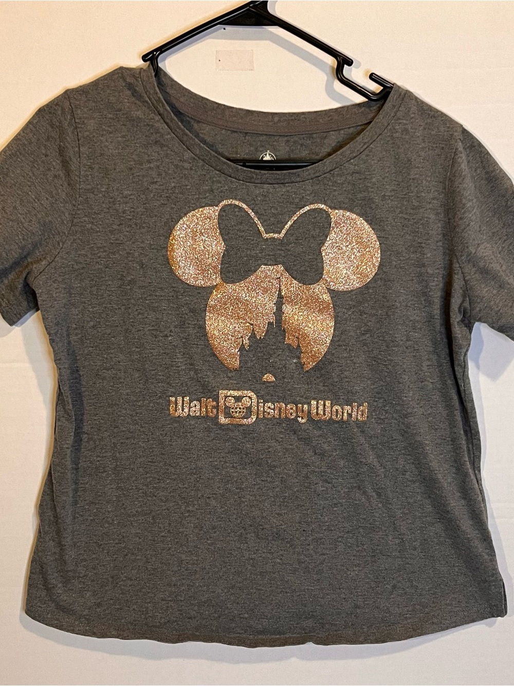 Disney Girls' Gray T‑Shirt with Rose Gold Glitter Minnie Castle Graphic